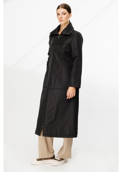 Leo Iç Astarı Kapitone Dolgulu Fermuarlı Yakası Leo Detaylı Kaban-Siyah