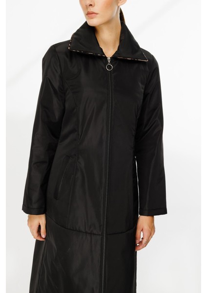 Leo Iç Astarı Kapitone Dolgulu Fermuarlı Yakası Leo Detaylı Kaban-Siyah