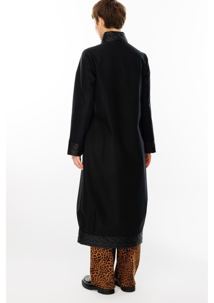 Örgü Desen Işlemeli Içi Polar Kaplı Hafif ve Konforlu Manto Kaban-Siyah