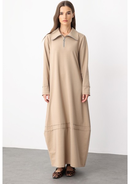 Aller Dikiş Detaylı Pamuk Karışımlı Dökümlü Örme Elbise-Vizon