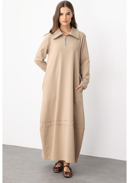 Aller Dikiş Detaylı Pamuk Karışımlı Dökümlü Örme Elbise-Vizon fiyatları