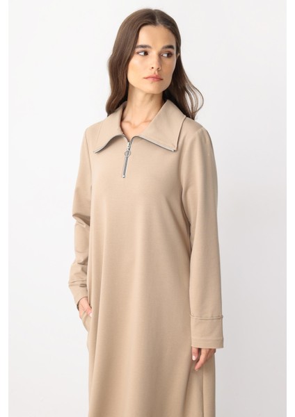 Aller Dikiş Detaylı Pamuk Karışımlı Dökümlü Örme Elbise-Vizon modelleri