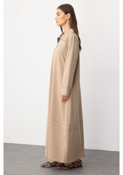 Aller Dikiş Detaylı Pamuk Karışımlı Dökümlü Örme Elbise-Vizon fırsatları
