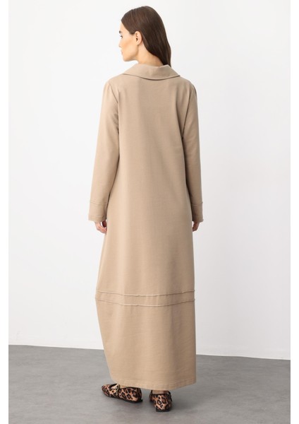 Aller Dikiş Detaylı Pamuk Karışımlı Dökümlü Örme Elbise-Vizon indirimleri