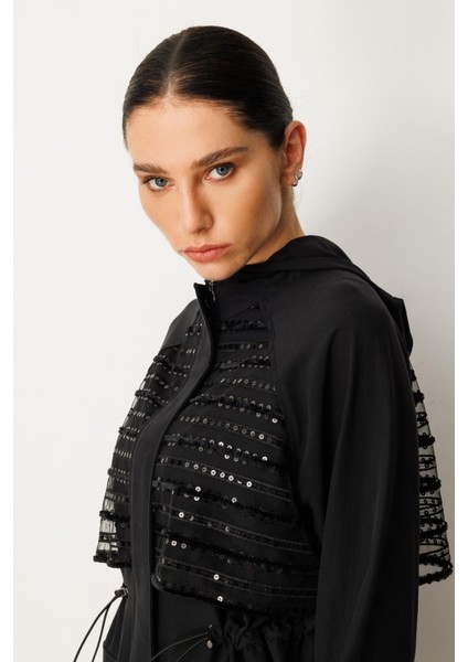 Soft Modal Parıltılı Garni Detaylı Özel Araboy Kap-Siyah