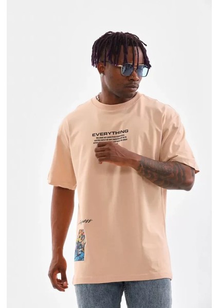 Unisex Bisiklet Yaka Baskılı Oversize Tshirt