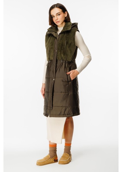 Puf Kapitone Dolgulu Soft Peluş Garni Yelek-Haki