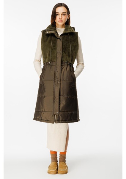 Puf Kapitone Dolgulu Soft Peluş Garni Yelek-Haki fiyatları