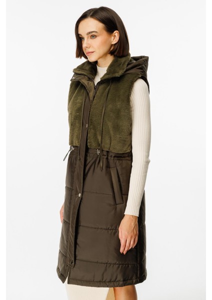 Puf Kapitone Dolgulu Soft Peluş Garni Yelek-Haki modelleri