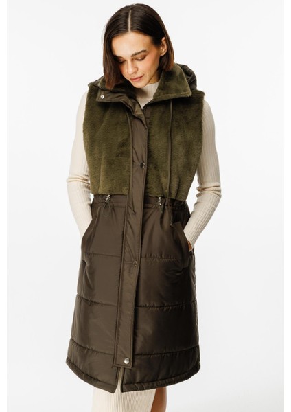 Puf Kapitone Dolgulu Soft Peluş Garni Yelek-Haki fırsatları