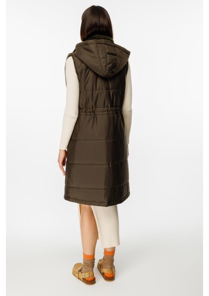 Puf Kapitone Dolgulu Soft Peluş Garni Yelek-Haki indirimleri