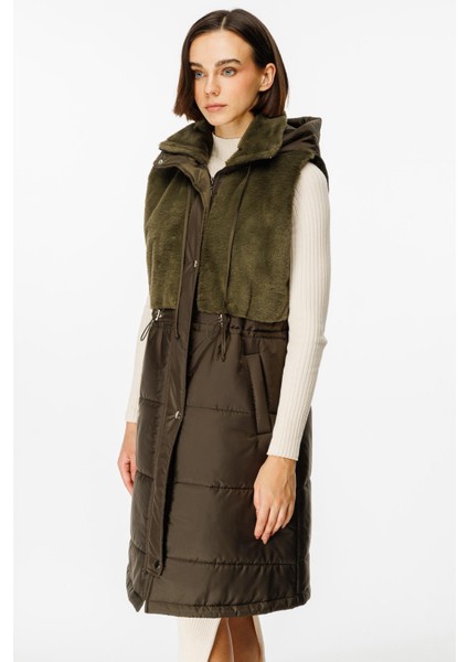 Puf Kapitone Dolgulu Soft Peluş Garni Yelek-Haki