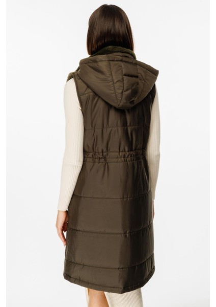 Puf Kapitone Dolgulu Soft Peluş Garni Yelek-Haki