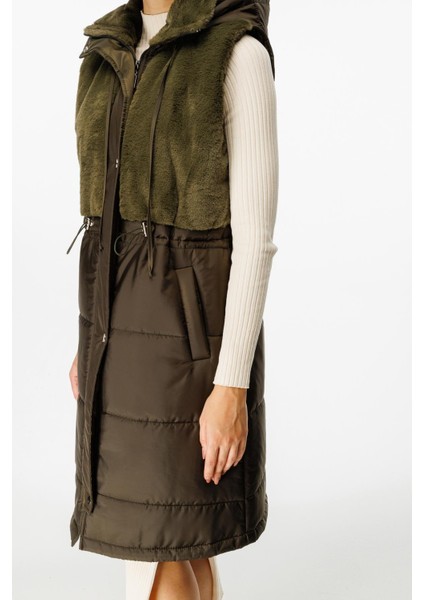 Puf Kapitone Dolgulu Soft Peluş Garni Yelek-Haki