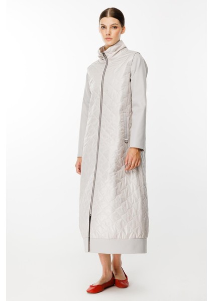 Rioy Kapitone ve Detay Kumaşlı Kaban Trench-Gri