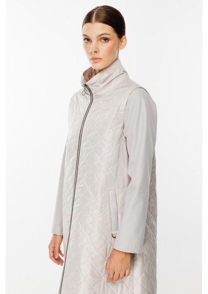 Rioy Kapitone ve Detay Kumaşlı Kaban Trench-Gri