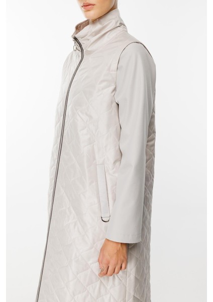 Rioy Kapitone ve Detay Kumaşlı Kaban Trench-Gri