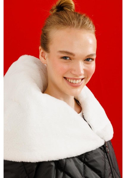 Chnl Yaka ve Kol Yumuşak Kürk Detaylı Kapitone Dolgu Kaban Manto-Siyah modelleri