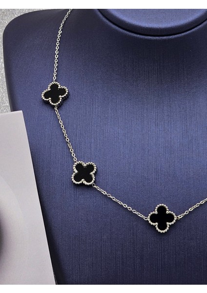 Yonca Model Siyah Gümüş Renk Büyük Boy Çelik Kolye