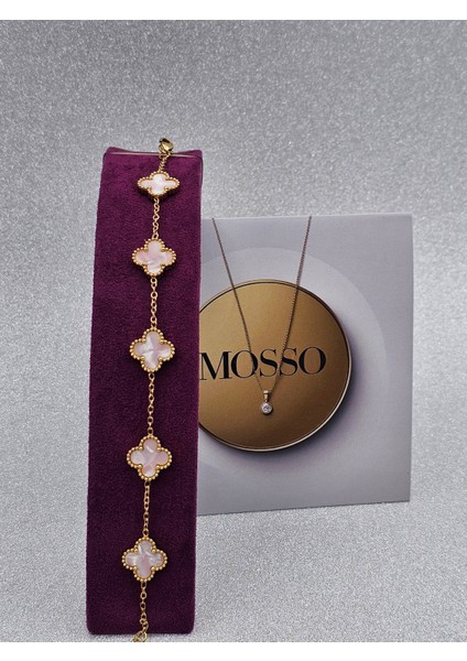 Yonca Model Sedefli Pembe Çelik Bileklik Gold Renk modelleri
