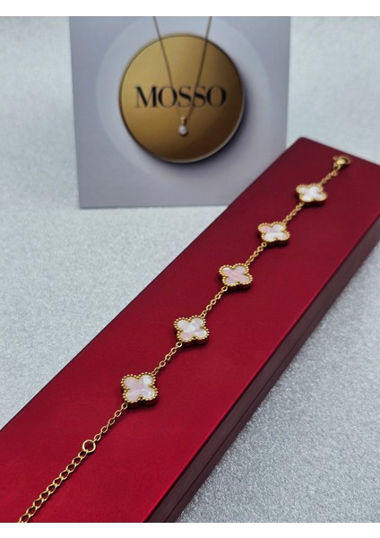 Yonca Model Sedefli Pembe Çelik Bileklik Gold Renk indirimleri