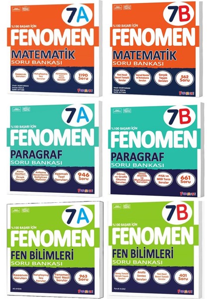 Fenomen Okul 2025 7. Sınıf Matematik + Paragraf + Fen A + B Serisi Soru Seti 6 Kitap