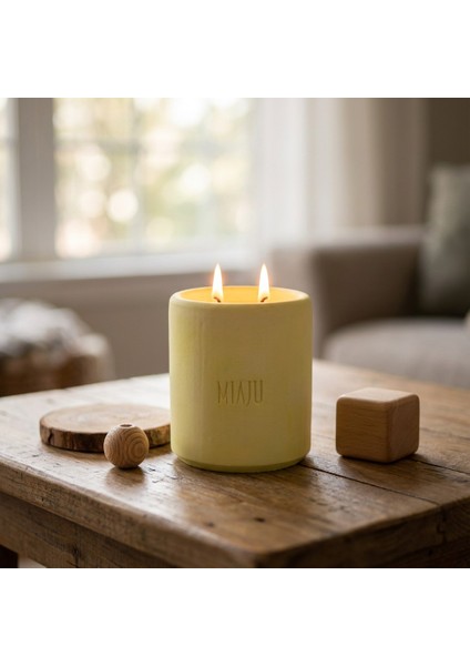 Modern Evlere Şık Dokunuş, Çift Alevli Dekoratif Mum, Sevdiklerinize Çok Özel Hediye, Sarı Renk