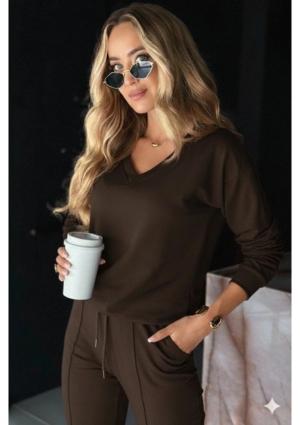 Kadın Uzun Kollu V Yakalı Viskon Iki Iplik Bluz ve Pantolon Ikili Takım fırsatları