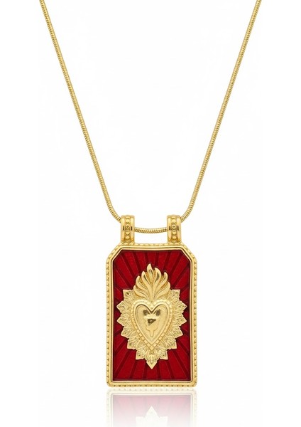 Çelik Kutsal Kalp Kolye Kırmızı Plaka Kararmaz Takı