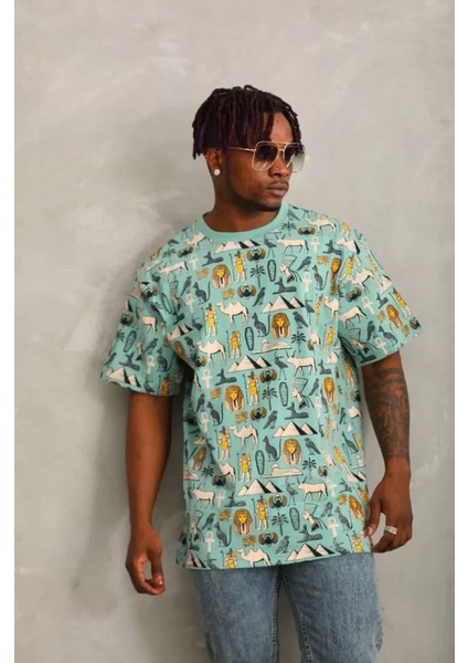 Unisex Oversize Baskılı Bisiklet Yaka Tshirt