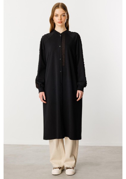 Rame Simli Garni Pamuk Karışımli Ince Örme Kap Ferace-Siyah