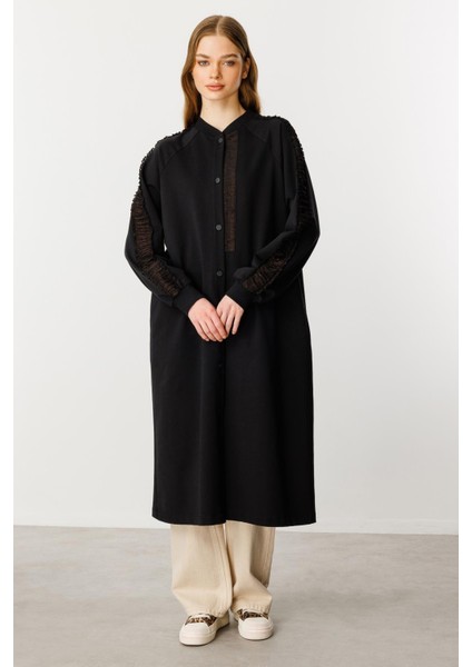 Rame Simli Garni Pamuk Karışımli Ince Örme Kap Ferace-Siyah