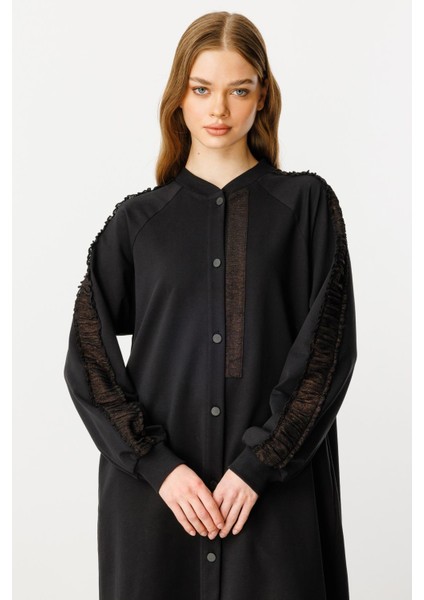 Rame Simli Garni Pamuk Karışımli Ince Örme Kap Ferace-Siyah