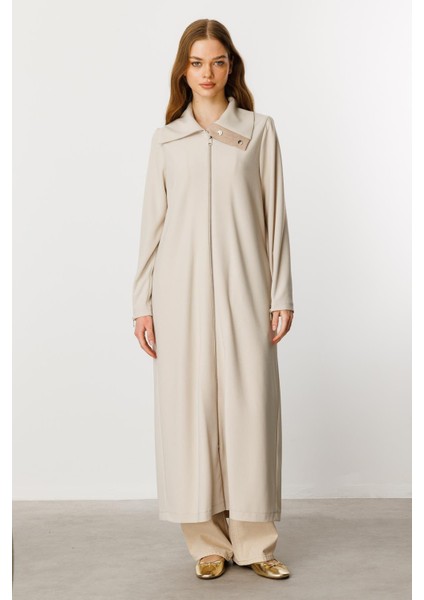 Fermuar ve Kontrast Garni Detaylı Rahat Dökümlü Kap/ Ferace-Taş