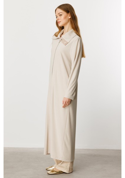 Fermuar ve Kontrast Garni Detaylı Rahat Dökümlü Kap/ Ferace-Taş modelleri