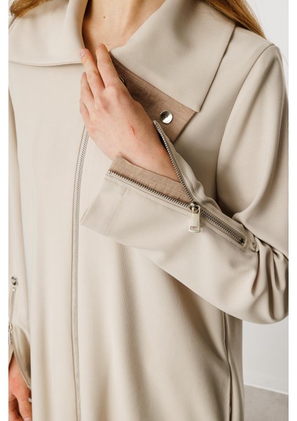 Fermuar ve Kontrast Garni Detaylı Rahat Dökümlü Kap/ Ferace-Taş fırsatları