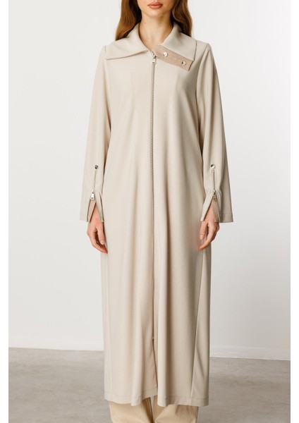 Fermuar ve Kontrast Garni Detaylı Rahat Dökümlü Kap/ Ferace-Taş indirimleri