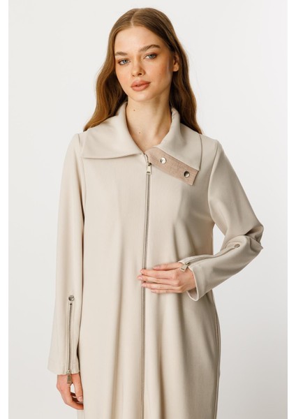 Fermuar ve Kontrast Garni Detaylı Rahat Dökümlü Kap/ Ferace-Taş