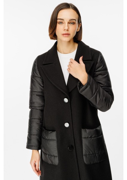 Kaşe Beden ve Kapitone Dolgu Spor Manto-Siyah