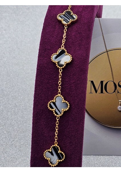 Yonca Model Sedefli Siyah Çelik Bileklik Gold Renk
