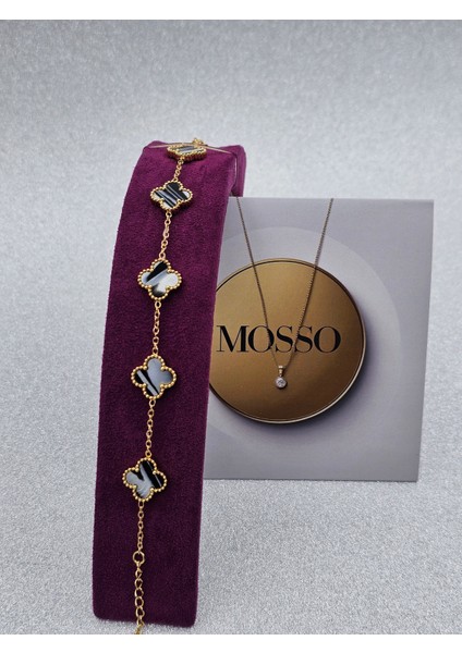 Yonca Model Sedefli Siyah Çelik Bileklik Gold Renk modelleri