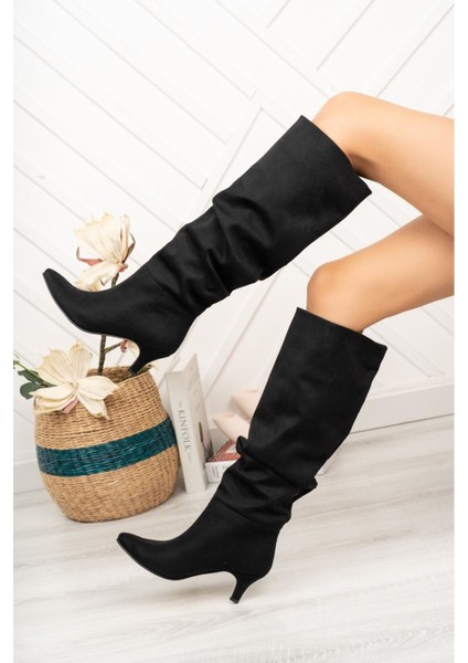 SR-2001 Siyah Süet Körüklü Ince Topuklu Günlük Bayan Çizme fiyatları