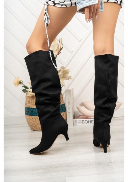 SR-2001 Siyah Süet Körüklü Ince Topuklu Günlük Bayan Çizme modelleri