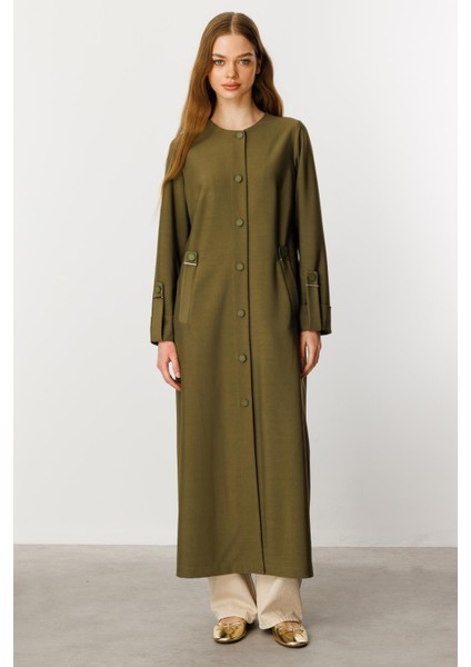 Özel Dökümlü Kumaş Aksesuarlı Kap/ Ferace-Haki