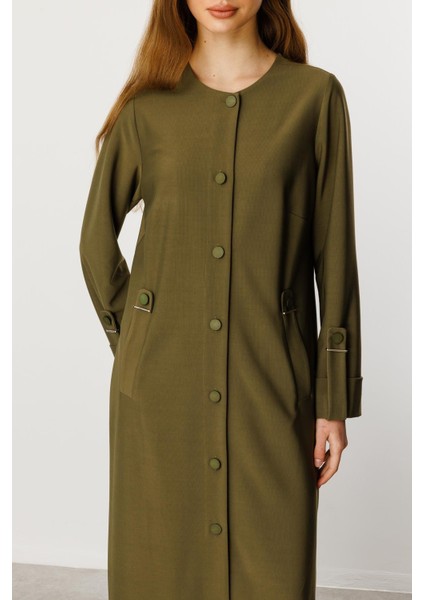 Özel Dökümlü Kumaş Aksesuarlı Kap/ Ferace-Haki