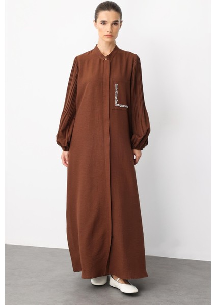 Pilise Kol ve Inci Cep Detaylı Ipekçe Kumaş Zamansız Ferace-Kahve