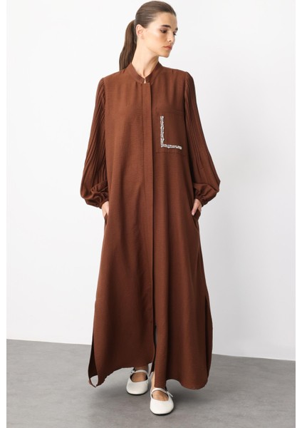 Pilise Kol ve Inci Cep Detaylı Ipekçe Kumaş Zamansız Ferace-Kahve fiyatları