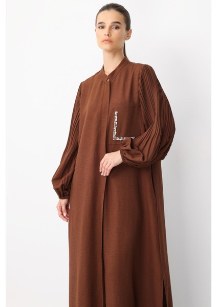 Pilise Kol ve Inci Cep Detaylı Ipekçe Kumaş Zamansız Ferace-Kahve modelleri