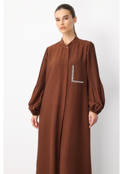 Pilise Kol ve Inci Cep Detaylı Ipekçe Kumaş Zamansız Ferace-Kahve fırsatları