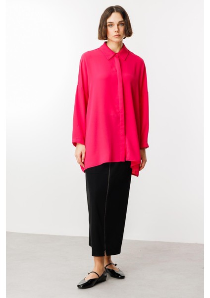 Özel Kalıp Zamansız Akıcı Kumaştan Bluz Tunik-Pembe